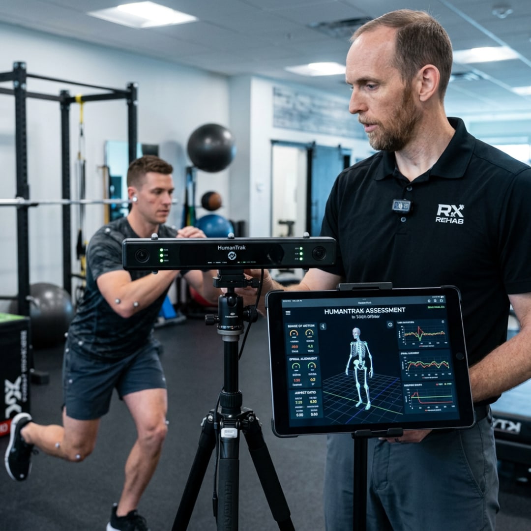Dr. Scott Christensen reviewing a HumanTrak motion assessment while a patient performs a lunge